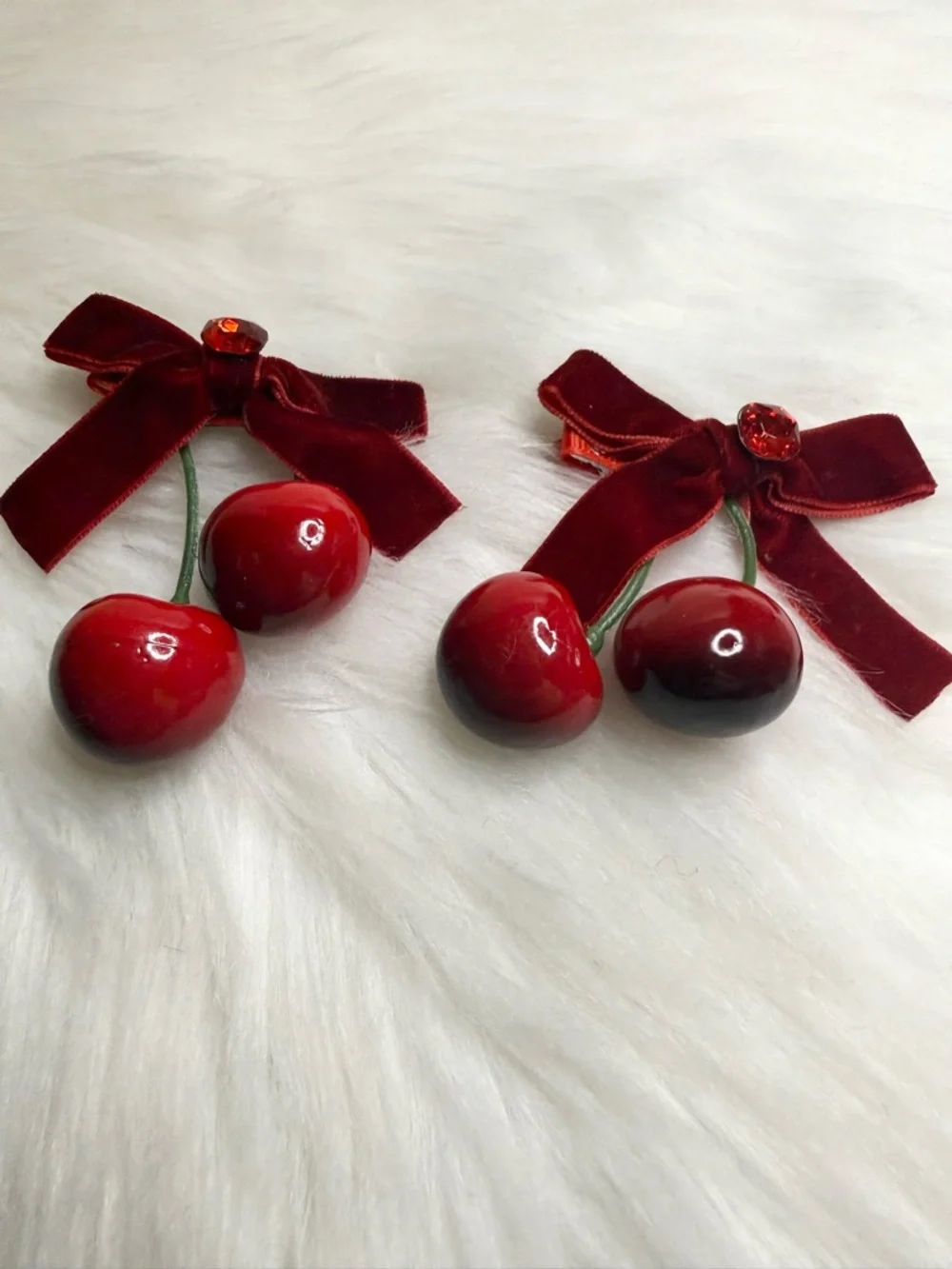 Red Cherry Hair Clip Velvet Bow Women Hair Accessories New Handmade Gift Lot 2